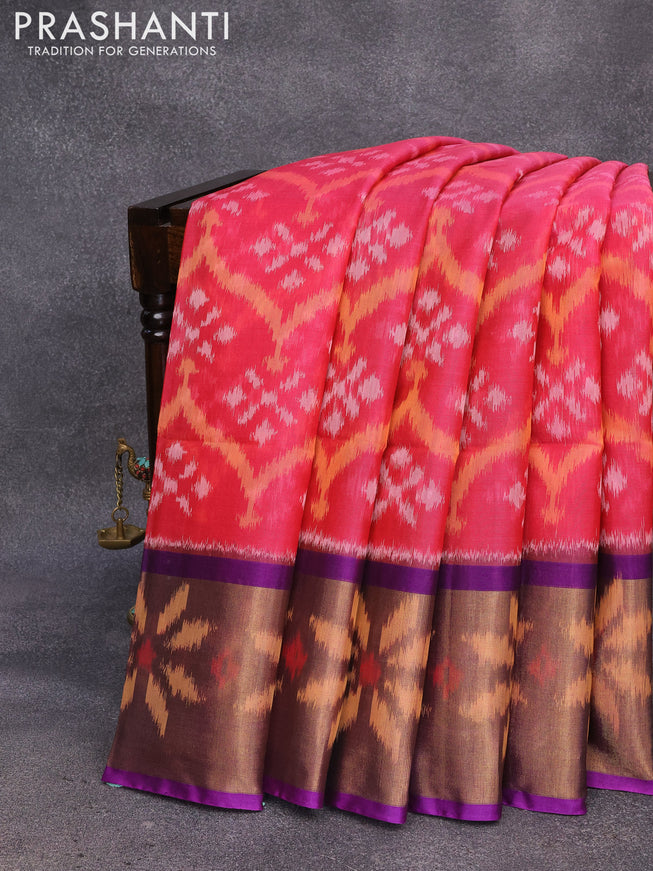 Ikat silk cotton saree pink and purple with allover ikat weaves and long ikat woven border