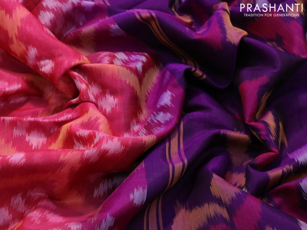 Ikat silk cotton saree pink and purple with allover ikat weaves and long ikat woven border