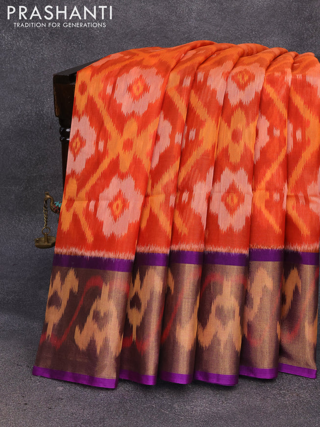 Ikat silk cotton saree orange and violet with allover ikat weaves and long ikat woven border