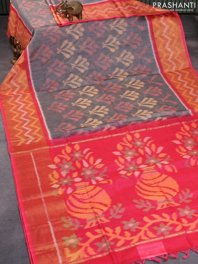 Ikat silk cotton saree grey and pink with allover ikat weaves and long ikat woven border