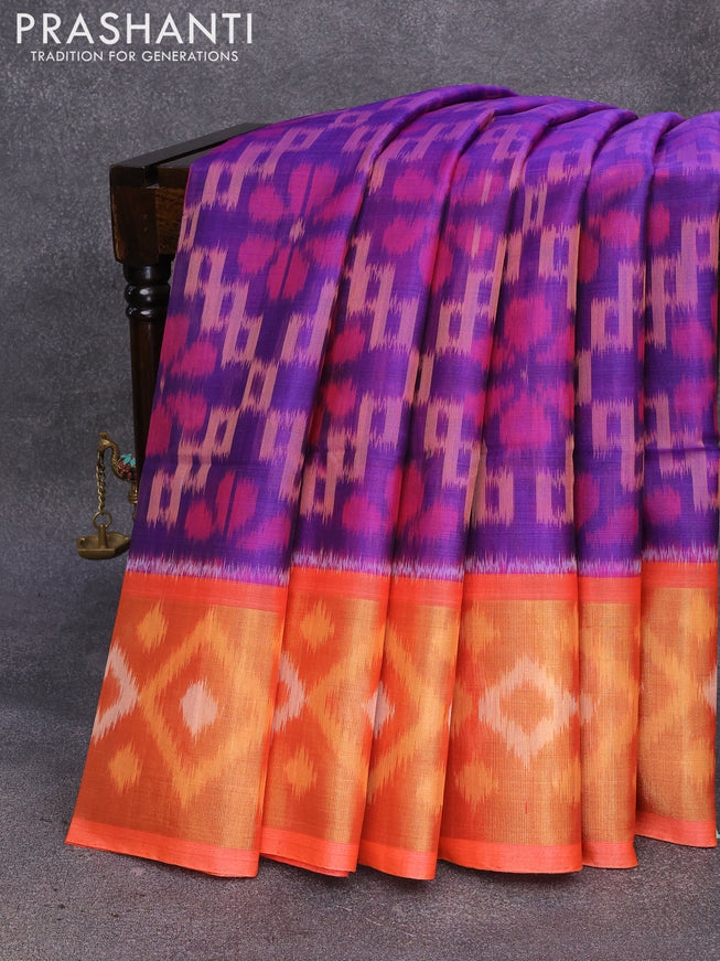 Ikat silk cotton saree violet and peach orange with allover ikat weaves and long ikat woven border