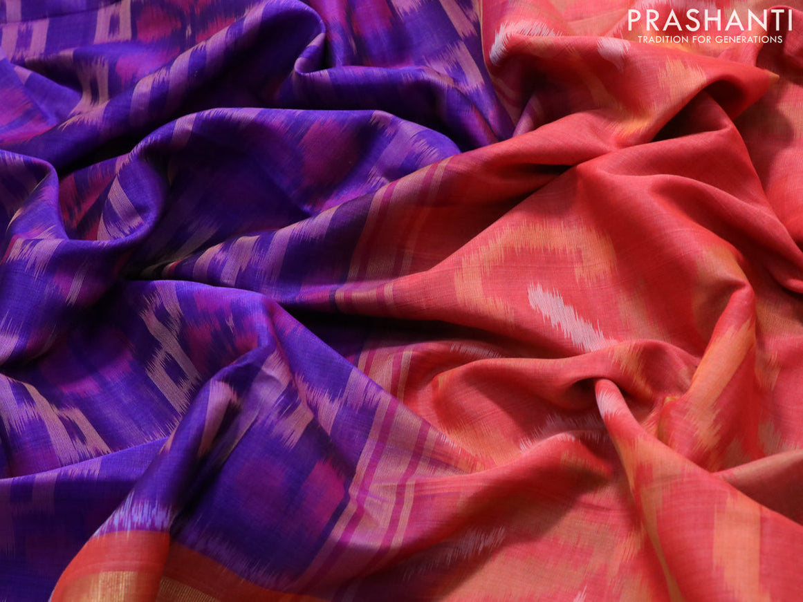 Ikat silk cotton saree violet and peach orange with allover ikat weaves and long ikat woven border