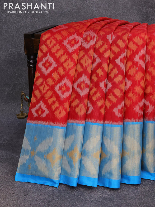 Ikat silk cotton saree maroon and cs blue with allover ikat weaves and long ikat woven border