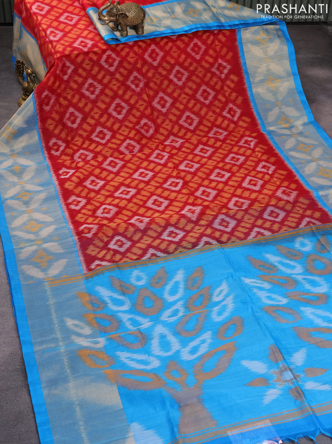 Ikat silk cotton saree maroon and cs blue with allover ikat weaves and long ikat woven border