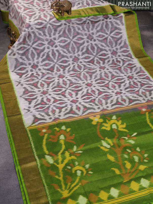 Ikat silk cotton saree off white grey and green with allover ikat weaves and zari woven border