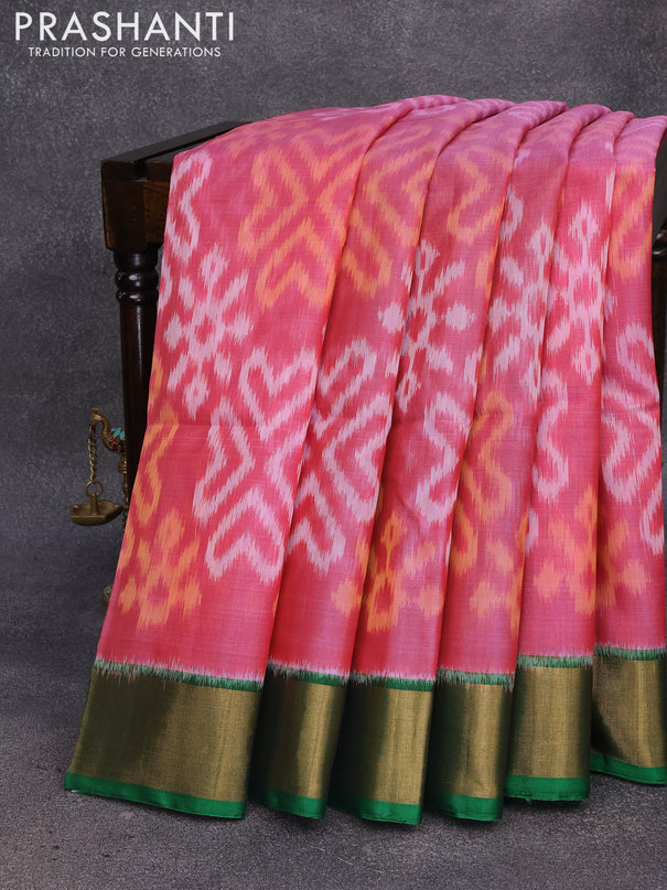 Ikat silk cotton saree light pink and green with allover ikat weaves and zari woven border