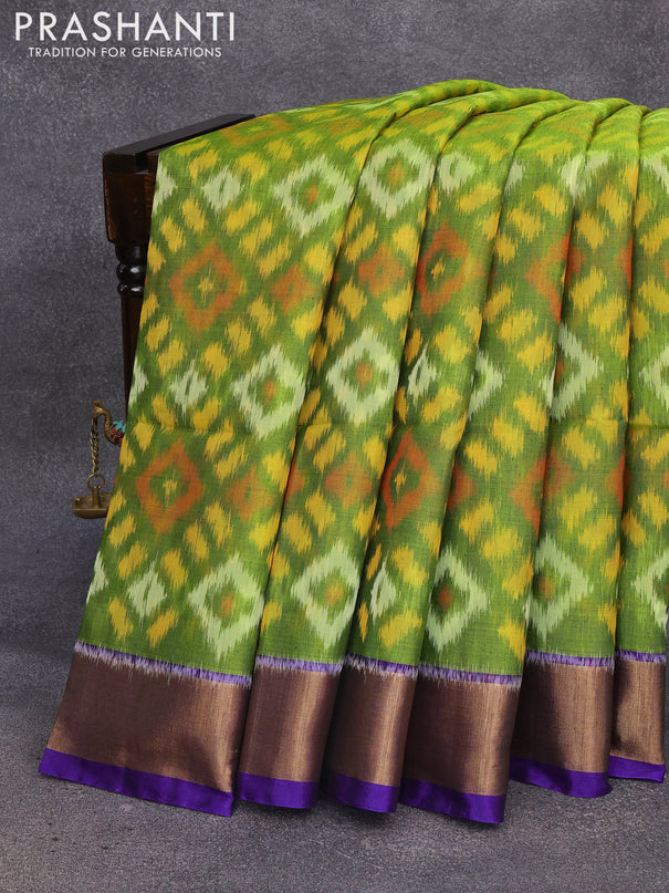 Ikat silk cotton saree light green and blue with allover ikat weaves and zari woven border