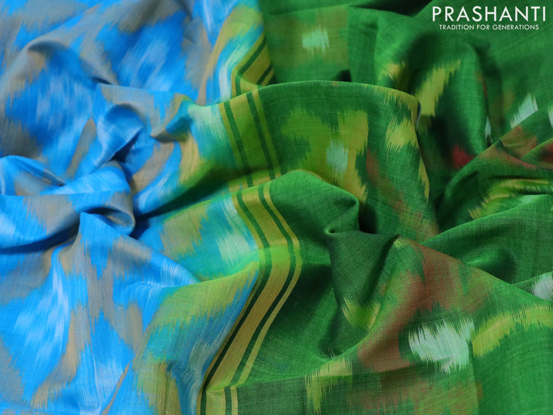 Ikat silk cotton saree light blue and light green with allover ikat weaves and zari woven border