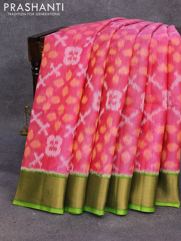Ikat silk cotton saree light pink and light green with allover ikat weaves and zari woven border