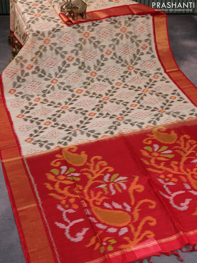 Ikat silk cotton saree sandal and red with allover ikat weaves and zari woven border