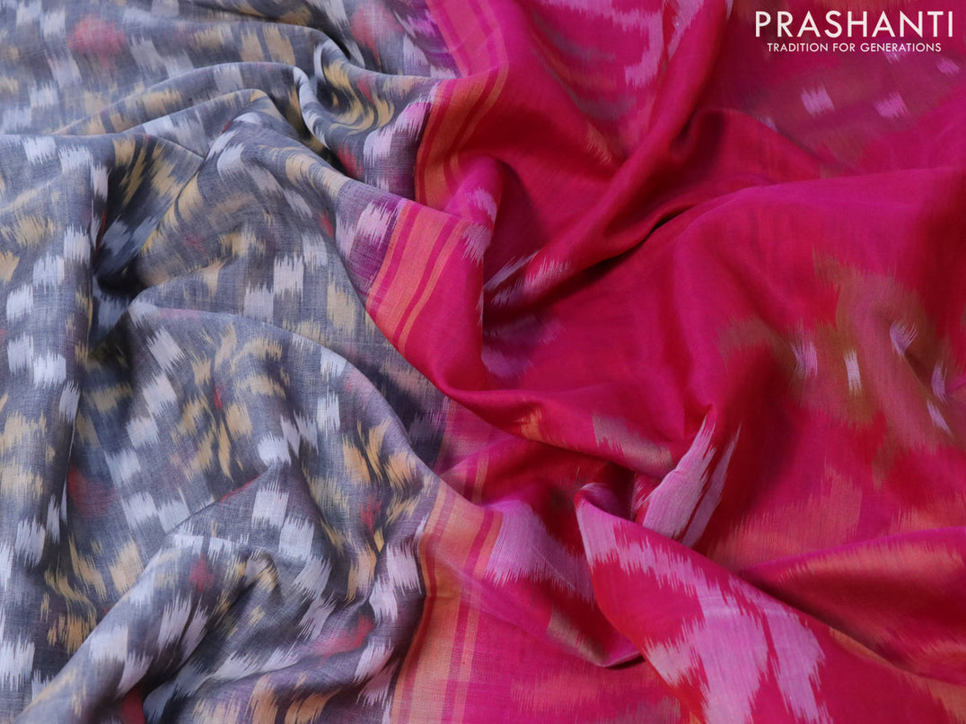 Ikat silk cotton saree grey and pink with allover ikat weaves and zari woven border