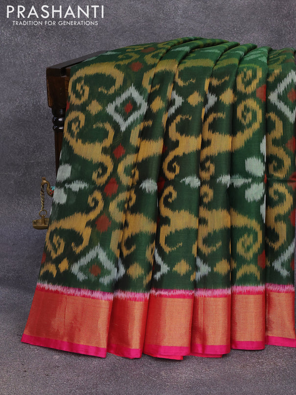Ikat silk cotton saree dark green and pink with allover ikat weaves and zari woven border