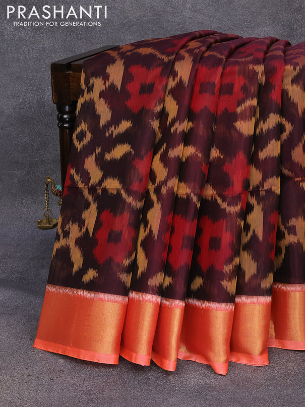 Ikat silk cotton saree deep coffee brown and peach orange with allover ikat weaves and zari woven border
