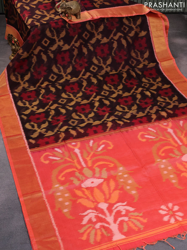 Ikat silk cotton saree deep coffee brown and peach orange with allover ikat weaves and zari woven border
