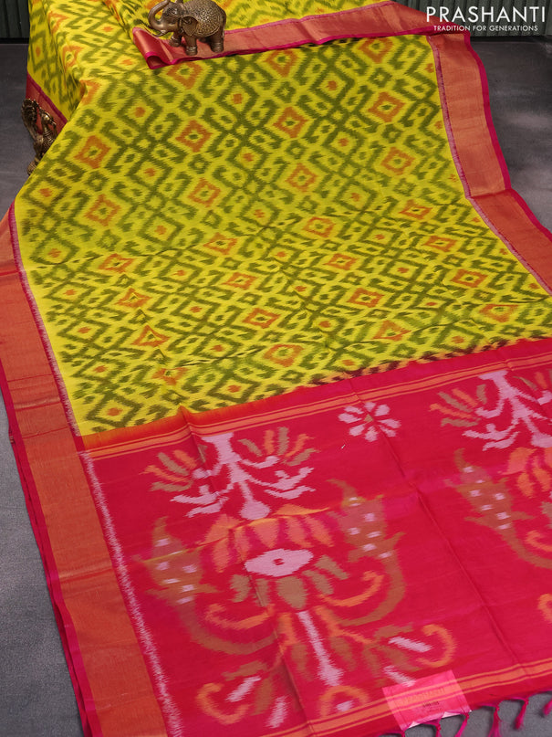 Ikat silk cotton saree lime yellow and pink with allover ikat weaves and zari woven border