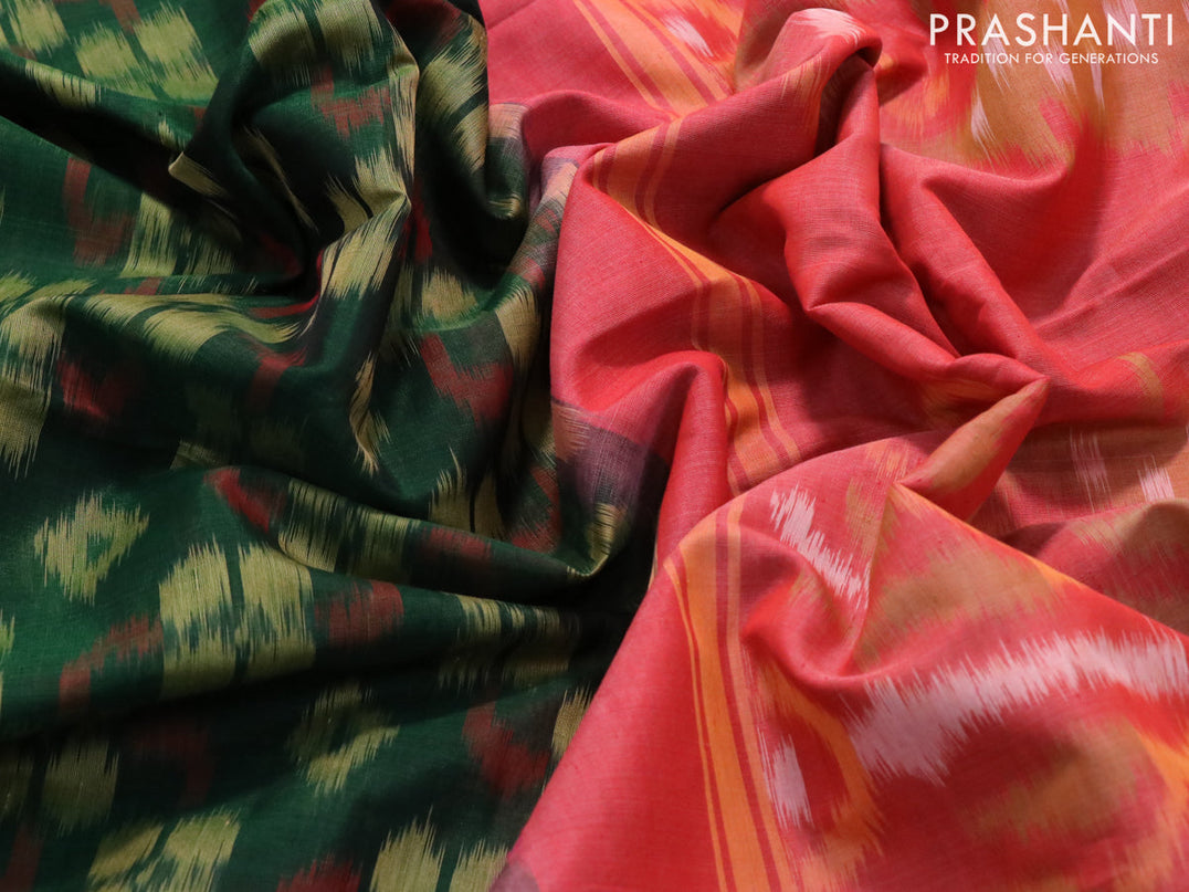 Ikat silk cotton saree dark green and peach orange with allover ikat weaves and zari woven border