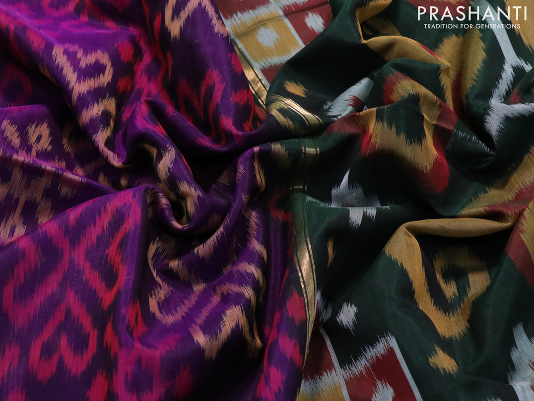 Ikat silk cotton saree deep violet and dark green with allover ikat weaves and zari woven border