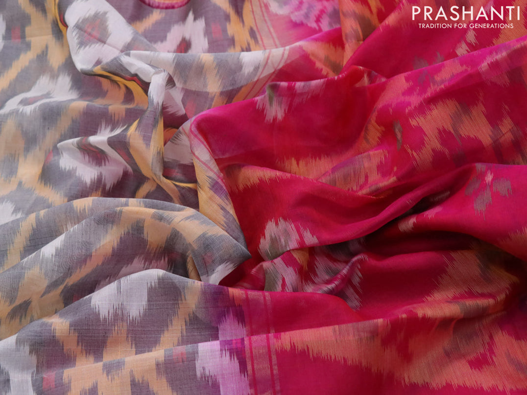 Ikat silk cotton saree grey and pink with allover ikat weaves and zari woven border