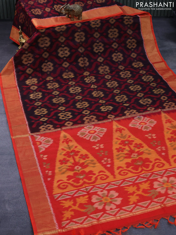 Ikat silk cotton saree coffee brown and orange with allover ikat weaves and zari woven border