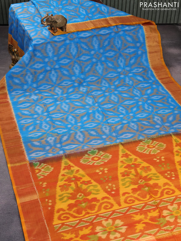 Ikat silk cotton saree cs blue and dual shade of mustard yellow with allover ikat weaves and zari woven border