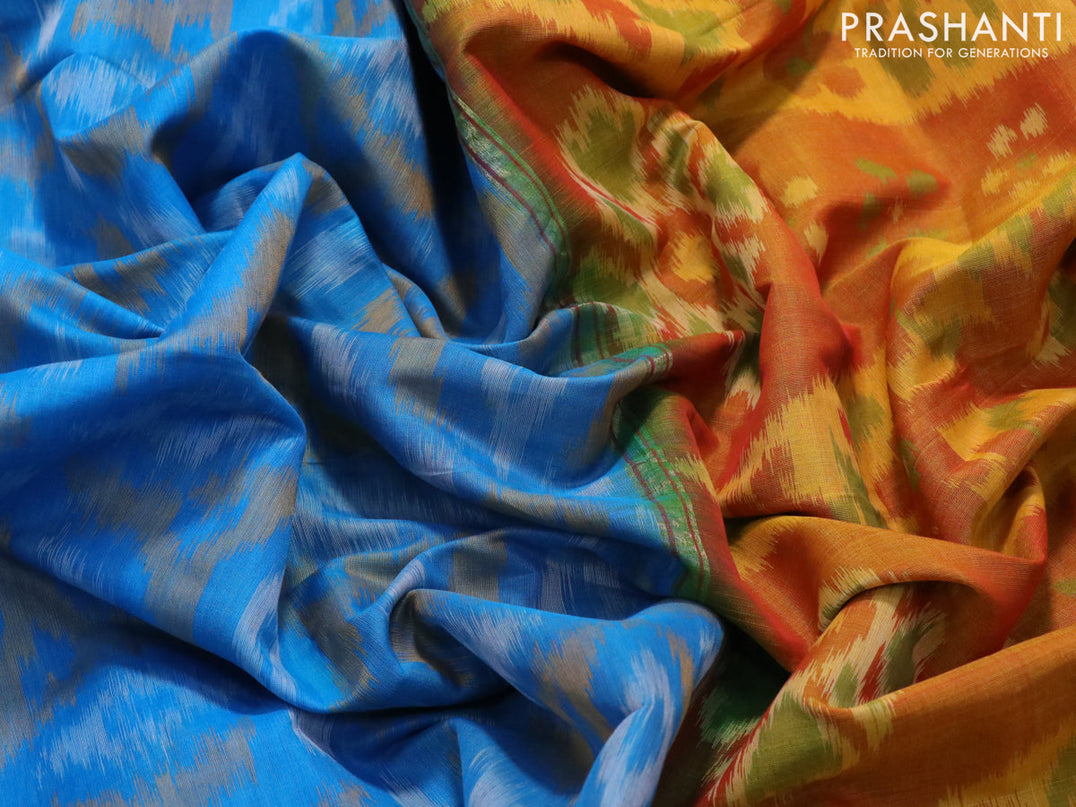 Ikat silk cotton saree cs blue and dual shade of mustard yellow with allover ikat weaves and zari woven border