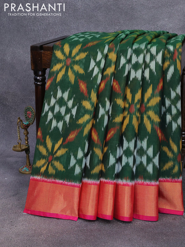 Ikat silk cotton saree green and pink with allover ikat weaves and zari woven border