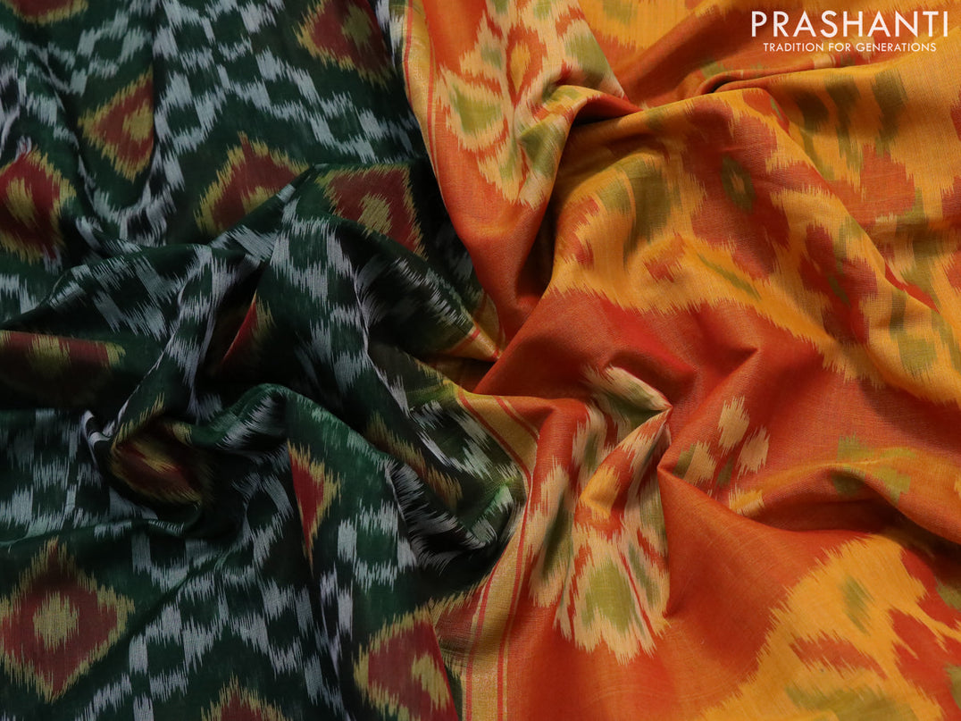 Ikat silk cotton saree dark green and dual shade of mustard yellow with allover ikat weaves and zari woven border