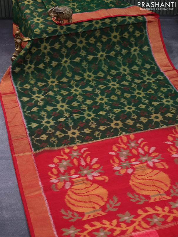 Ikat silk cotton saree dark green and red with allover ikat weaves and zari woven border