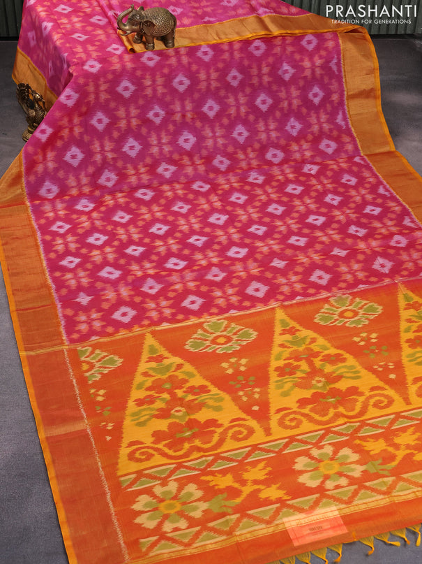 Ikat silk cotton saree pink shade and yellowish orange with allover ikat weaves and zari woven border