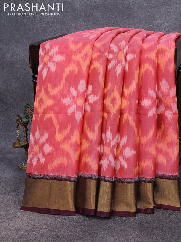 Ikat silk cotton saree peach pink and coffee brown with allover ikat weaves and zari woven border