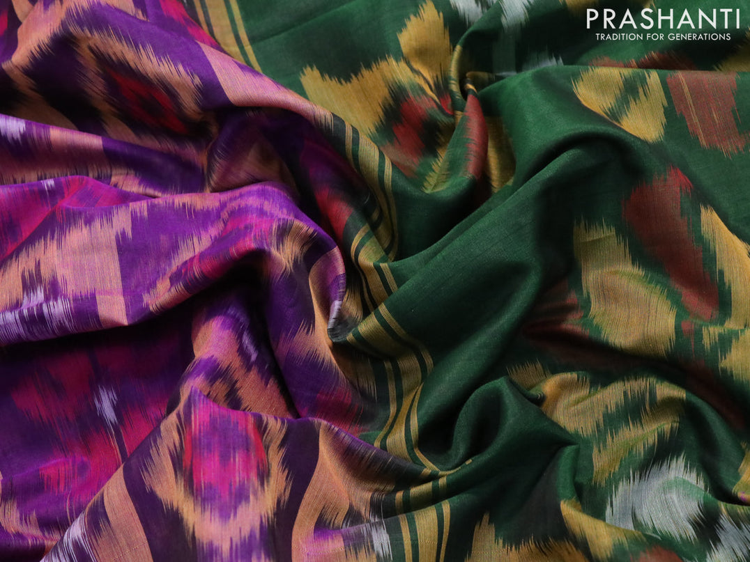 Ikat silk cotton saree deep violet and dark green with allover ikat weaves and zari woven border