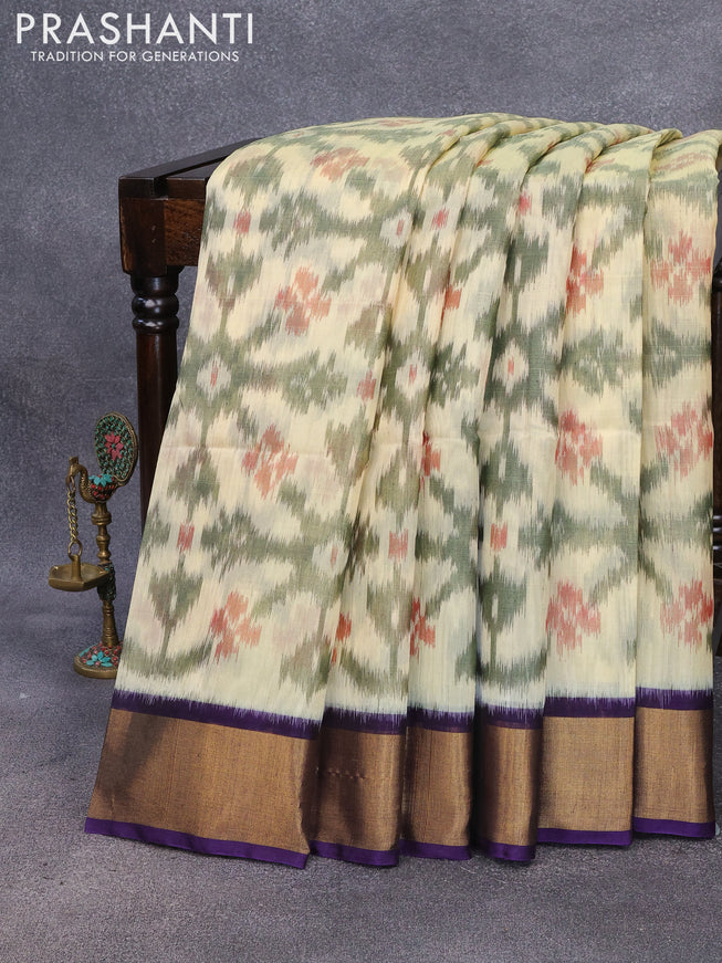 Ikat silk cotton saree cream and deep violet with allover ikat weaves and zari woven border