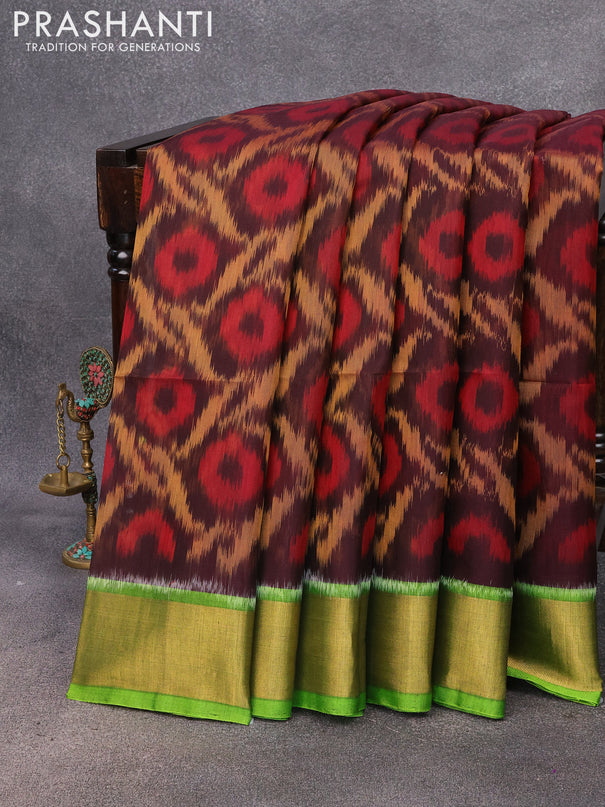 Ikat silk cotton saree deep coffee brown and light green with allover ikat weaves and zari woven border