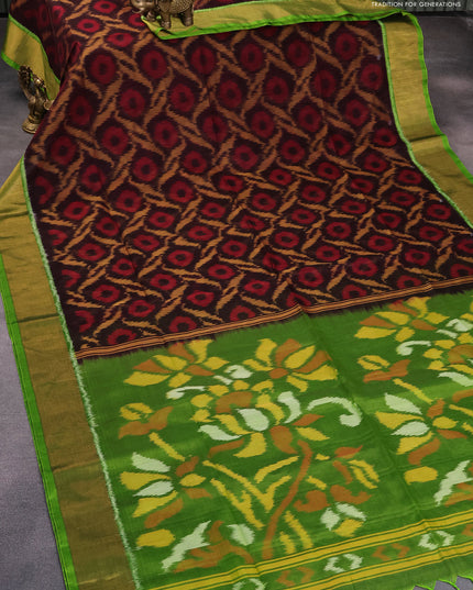 Ikat silk cotton saree deep coffee brown and light green with allover ikat weaves and zari woven border