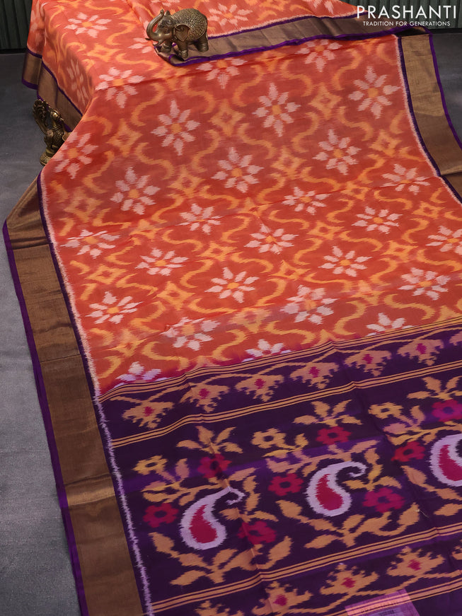 Ikat silk cotton saree peach orange and violet with allover ikat weaves and zari woven border