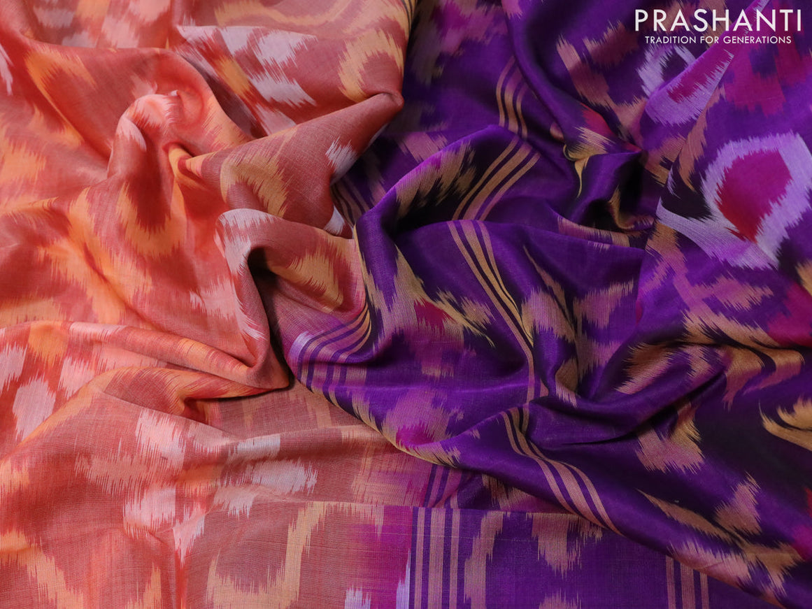 Ikat silk cotton saree peach orange and violet with allover ikat weaves and zari woven border
