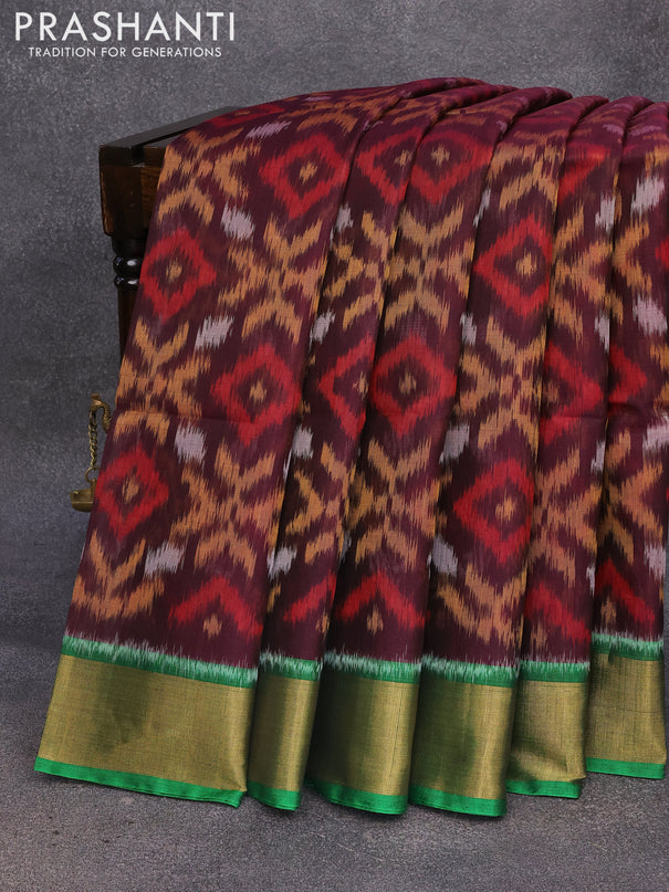 Ikat silk cotton saree brown and green with allover ikat weaves and zari woven border