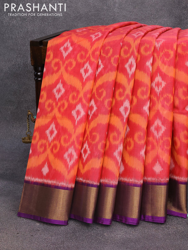 Ikat silk cotton saree pink shade and violet with allover ikat weaves and zari woven border