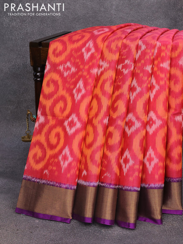 Ikat silk cotton saree pink and violet with allover ikat weaves and zari woven border