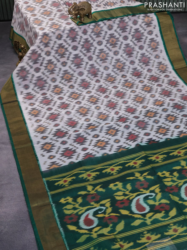 Ikat silk cotton saree off white and green with allover ikat weaves and zari woven border