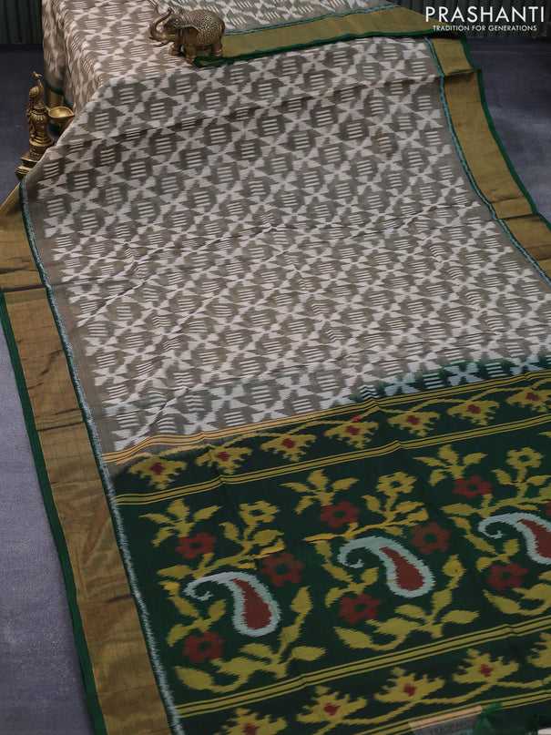 Ikat silk cotton saree cream and green with allover ikat weaves and zari woven border