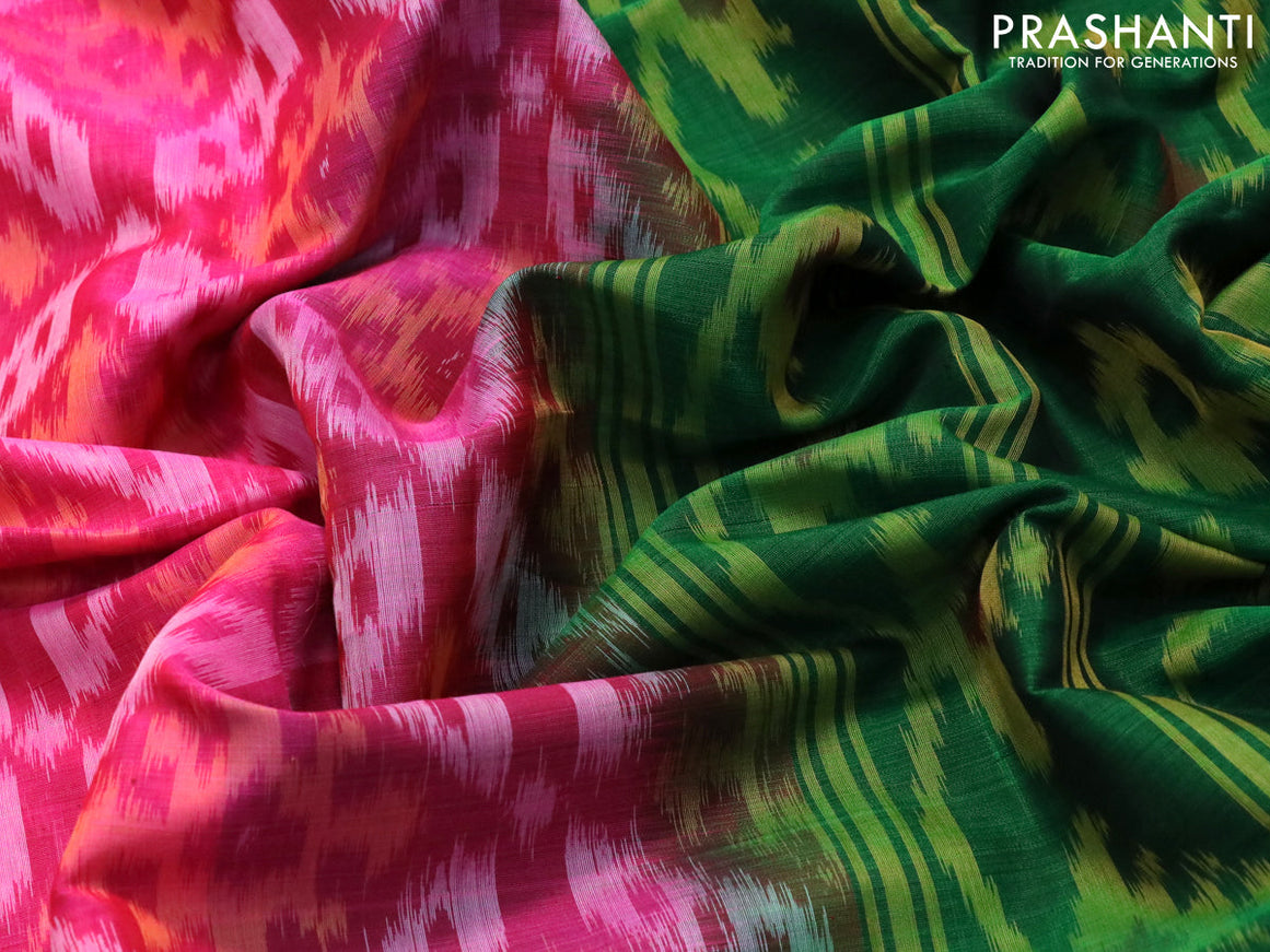 Ikat silk cotton saree pink and green with allover ikat weaves and zari woven border