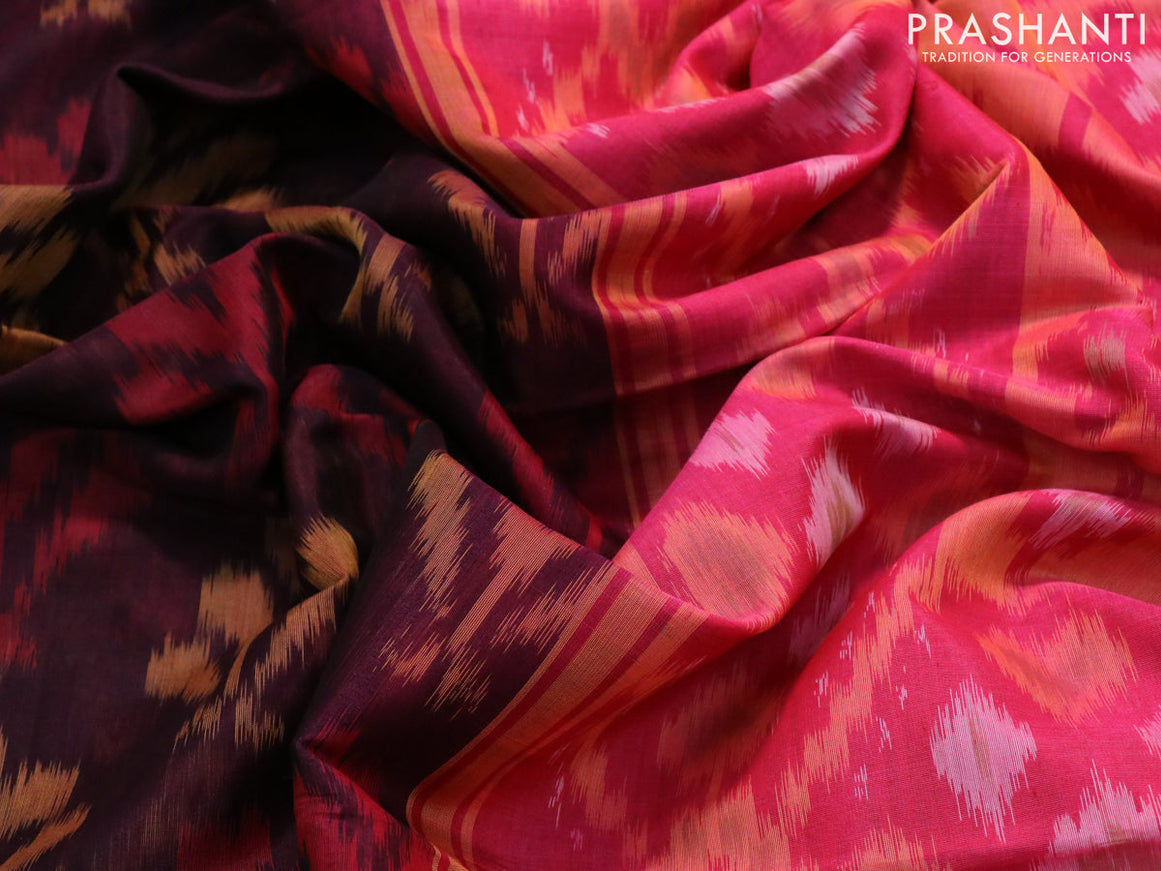 Ikat silk cotton saree coffee brown and candy pink with allover ikat weaves and zari woven border