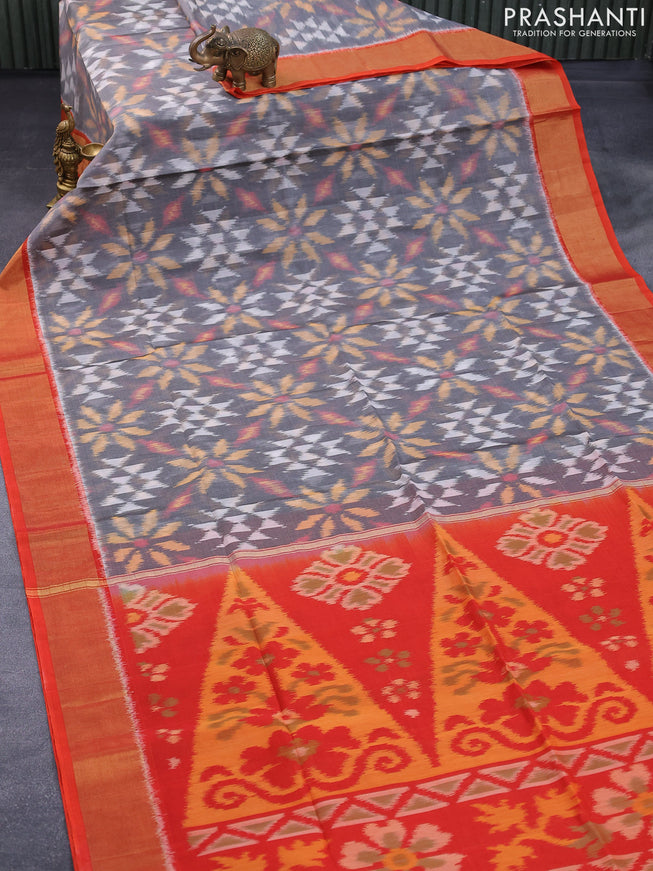 Ikat silk cotton saree grey and orange with allover ikat weaves and zari woven border