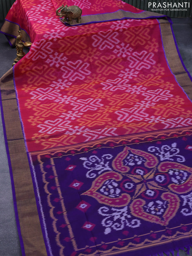 Ikat silk cotton saree dark pink and blue with allover ikat weaves and zari woven border