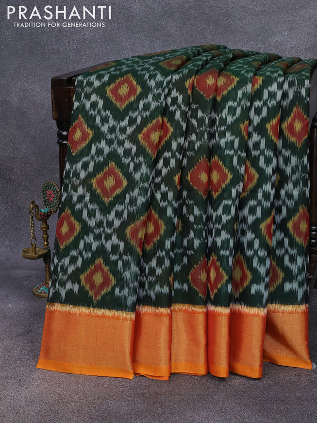 Ikat silk cotton saree dark green and dual shade of mustard yellow with allover ikat weaves and zari woven border