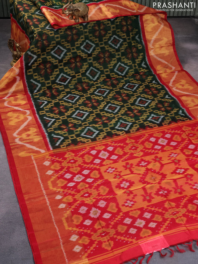 Ikat silk cotton saree dark green and maroon with allover ikat weaves and zari woven border