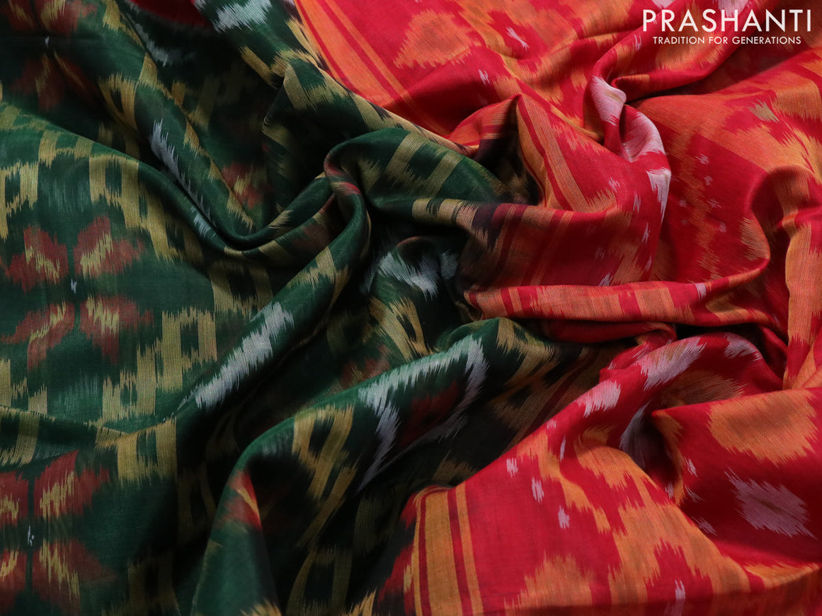 Ikat silk cotton saree dark green and maroon with allover ikat weaves and zari woven border