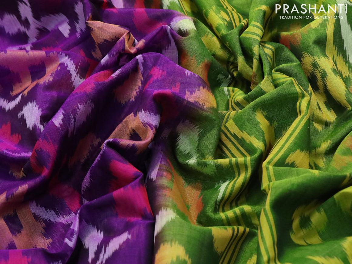 Ikat silk cotton saree deep violet and light green with allover ikat weaves and zari woven border