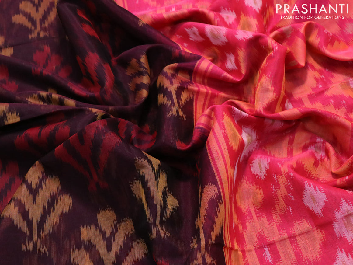 Ikat silk cotton saree deep coffee brown and pink with allover ikat weaves and zari woven border